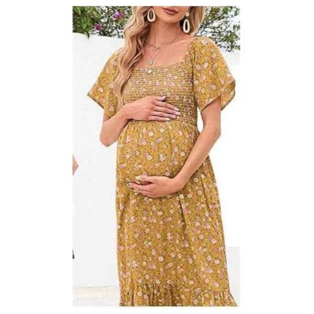 Maternity Boho Off Shoulder Midi Dress Yellow